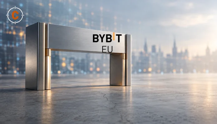 Redactionele illustratie van een metalen toegangspoort met het Bybit EU-logo, met stadsgebouwen op de achtergrond.