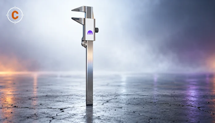 Editorial photograph-style illustration of a mechanical caliper with an authentic Kraken symbol, representing a limit order's price boundary.