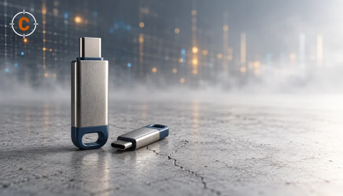 Two unbranded metal security keys on a pale concrete surface, illustrating a primary sign-in device and a backup.