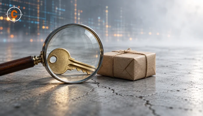 A magnifying glass over an ordinary brass key beside a sealed plain parcel, illustrating identity checks and what remains unknown.