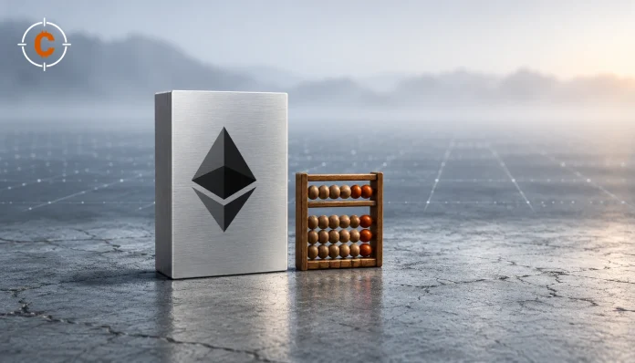 Editorial illustration of an Ethereum symbol on a metal panel beside a wooden abacus, representing gas-fee calculation.