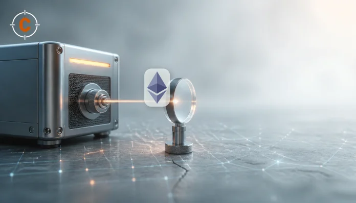 Redactionele illustratie van een Ethereum-testopstelling met validatorapparaat, lens en Ethereum-beeldmerk; geen foto van een echte Hoodi-node.