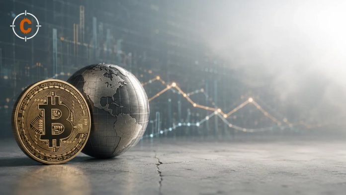 Een bitcoinmunt naast een metalen wereldbol op een betonnen ondergrond, met het CryptoFocus-beeldmerk.