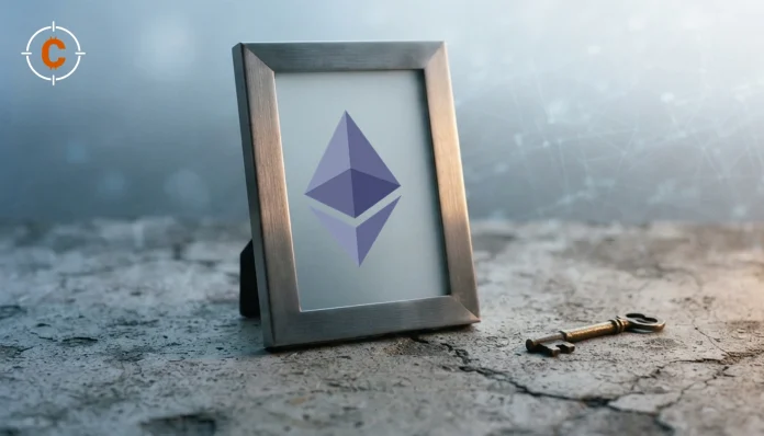 Illustration of the Ethereum symbol in a frosted picture frame beside a brass key on a cracked surface.