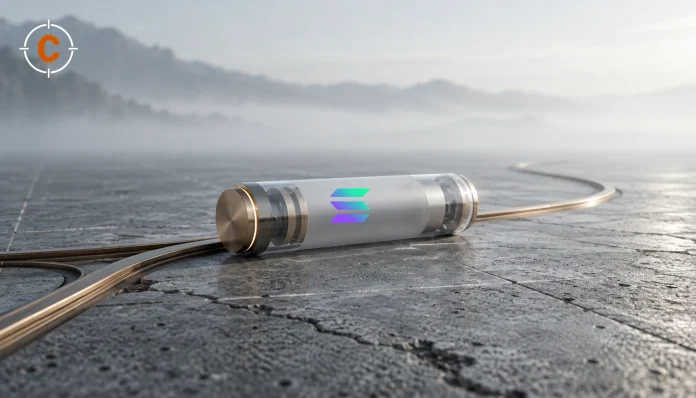 Editorial illustration of a translucent transport capsule bearing the verified official Solana logomark beside a branching brass rail, representing the choice between resending and replacing a signed transaction.