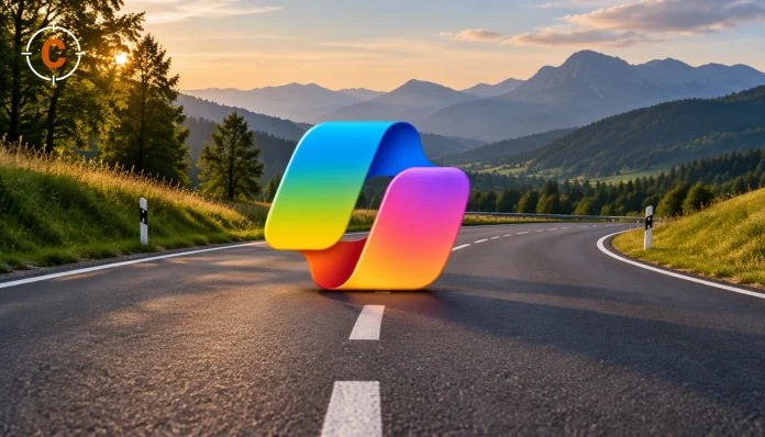 Officiële Microsoft-persillustratie: het Copilot-logo op een bergweg.