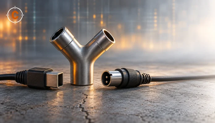 Metalen splitsing met twee verschillende kabelstekkers op lichtgrijs beton, als beeld voor de keuze van een cryptonetwerk.